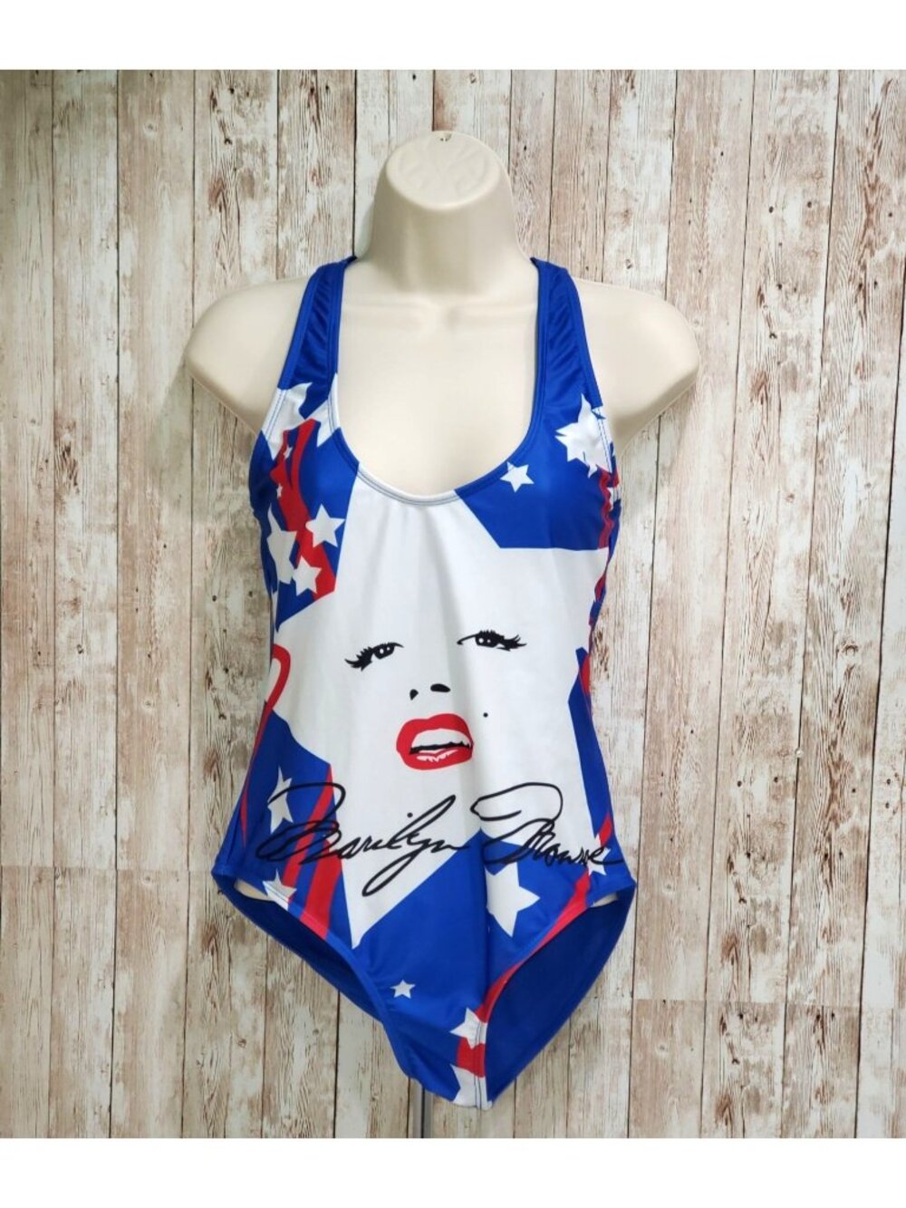 Sexy Marilyn Monroe Print One Piece Swimwear Criss Cross Open Back Size L 1220